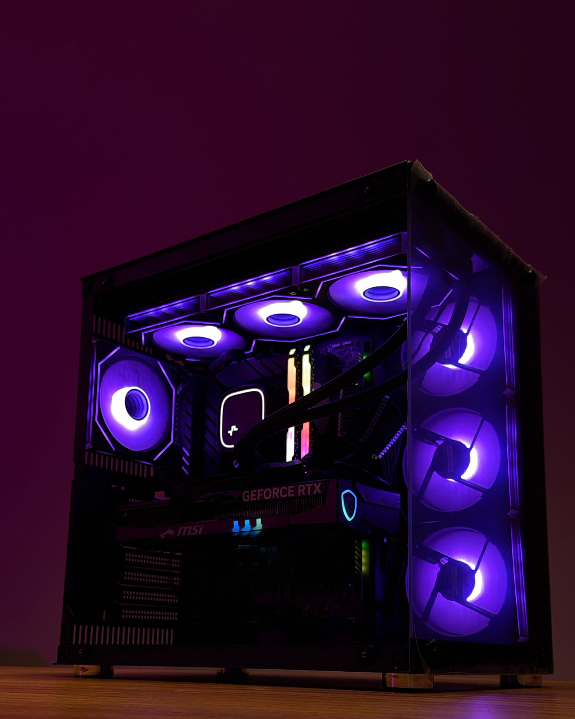 Sephora Systems AI Series — open-case build with MSI RTX and purple RGB